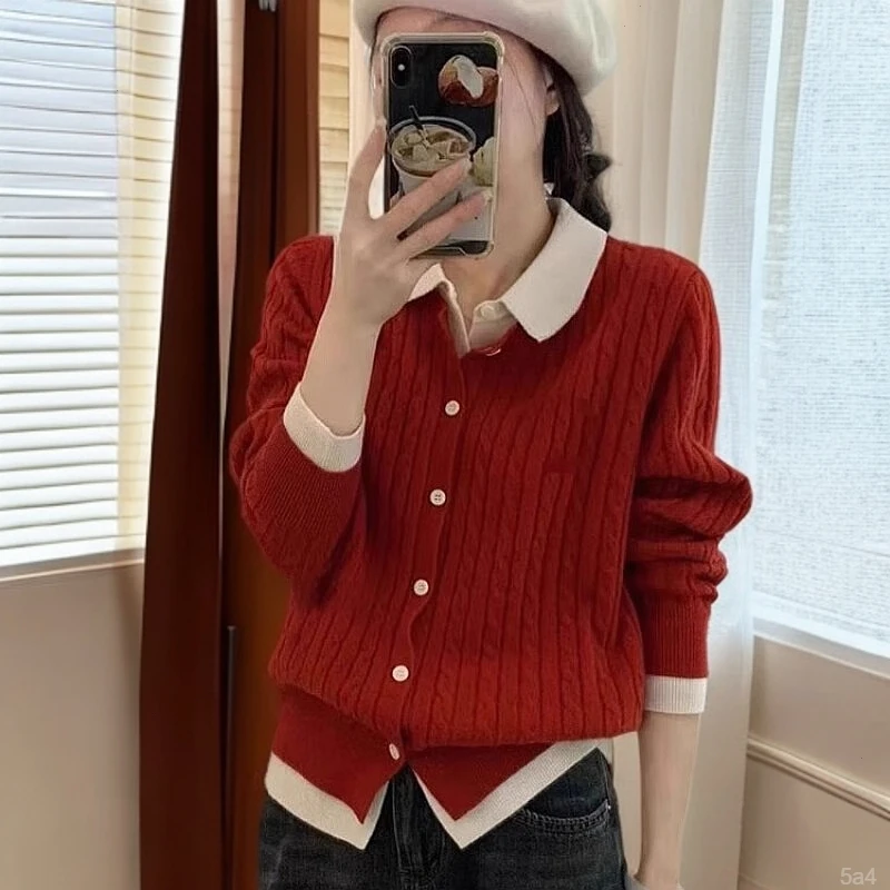 洋气假两件针织开衫2025春秋新款女小众撞色翻领毛衣外套打底上衣