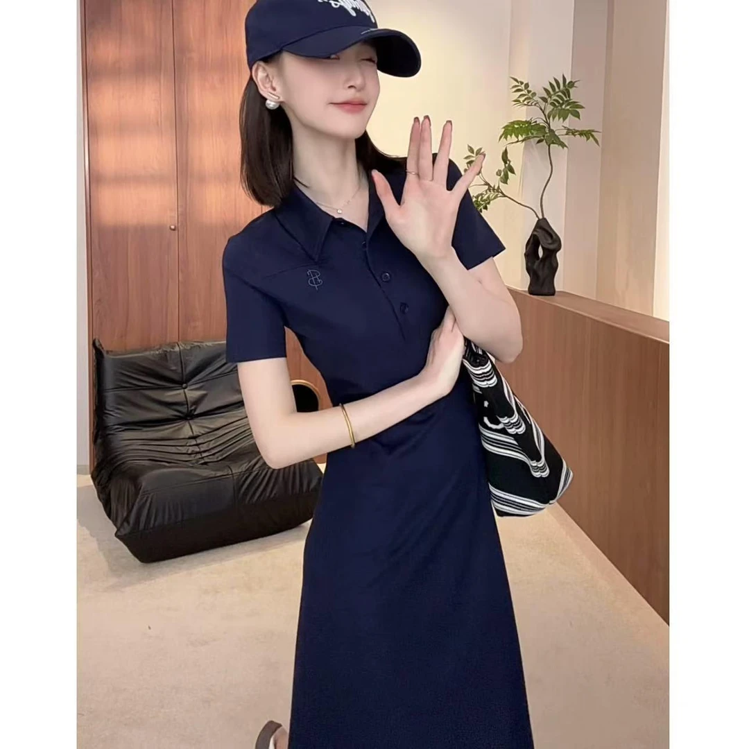 2025夏季新款纯色长款藏青色POLO显瘦气质休闲百搭韩版收腰连衣裙