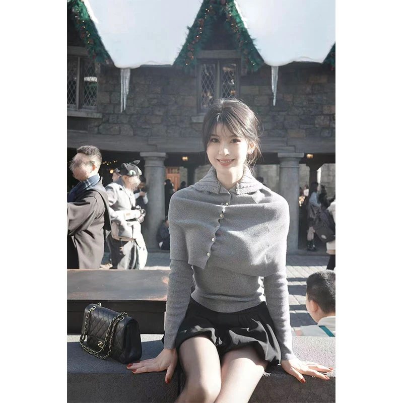 2025秋季时尚慵懒风设计感不规则披肩两件套针织衫上衣高腰半身裙