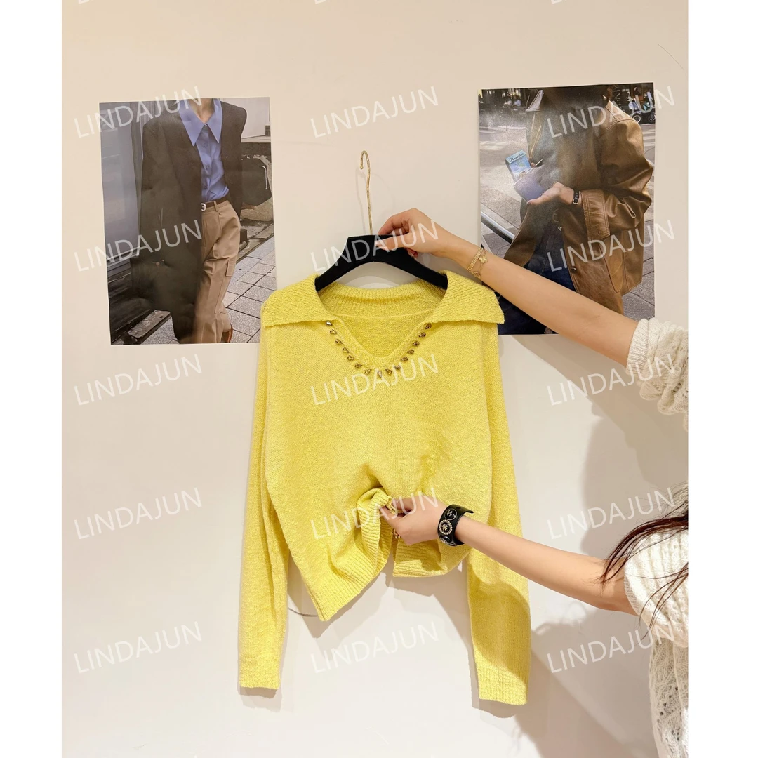 大君君「奶黄包」手工钉珠翻领长袖毛针织衫