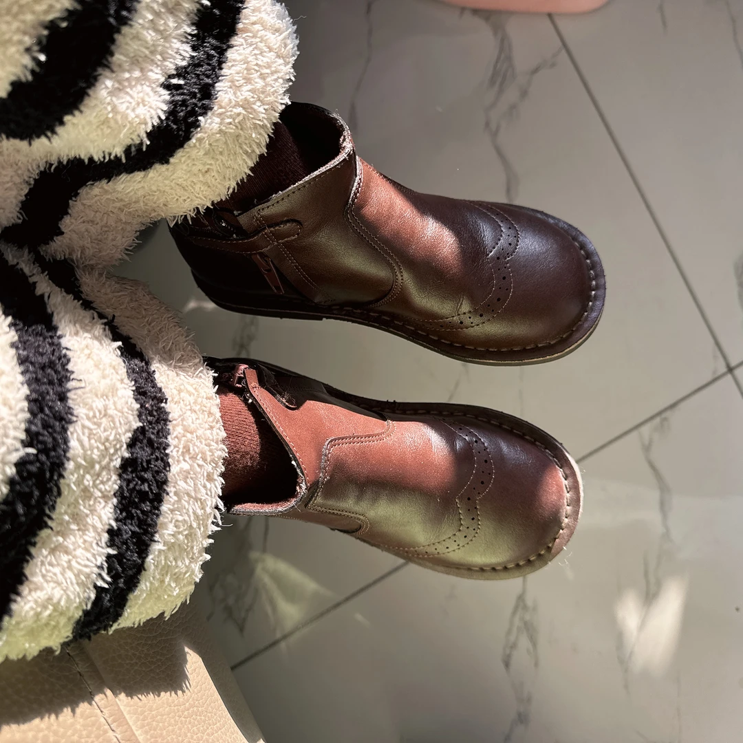 女童咖色冬季加厚百搭高筒皮鞋