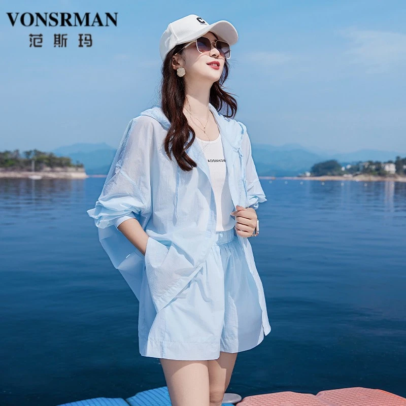 蓝色防晒衣短裤两件套女款套装女2025夏季新款女装超火夏装一整套