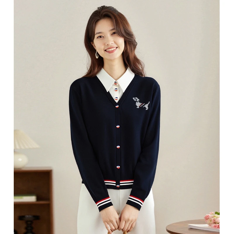 高级感烫钻小狗条纹针织衫女2025秋季新款假两件长袖撞色时尚上衣