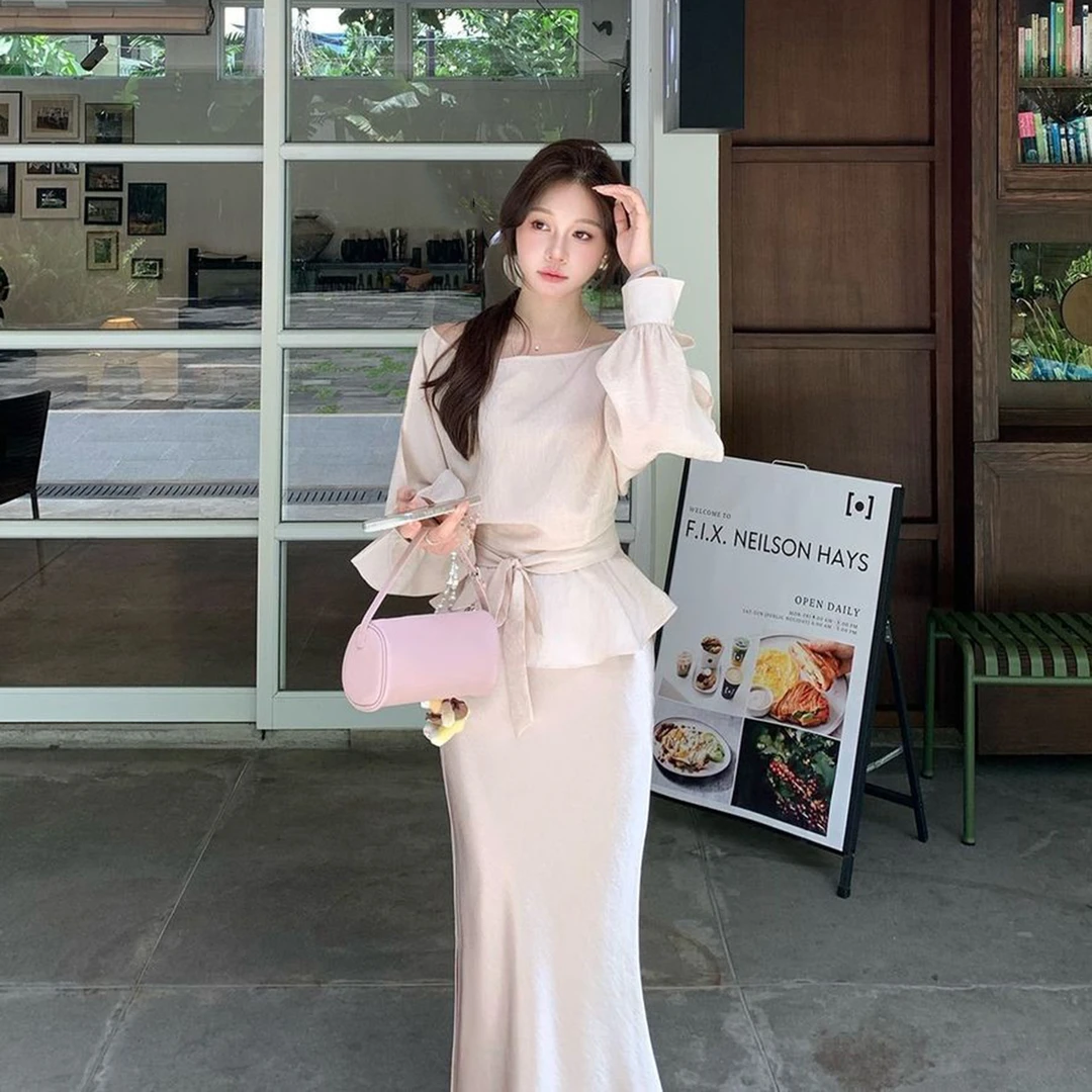 法式高级气质套装裙女2025早秋新款长袖系带上衣缎面半身裙两件套