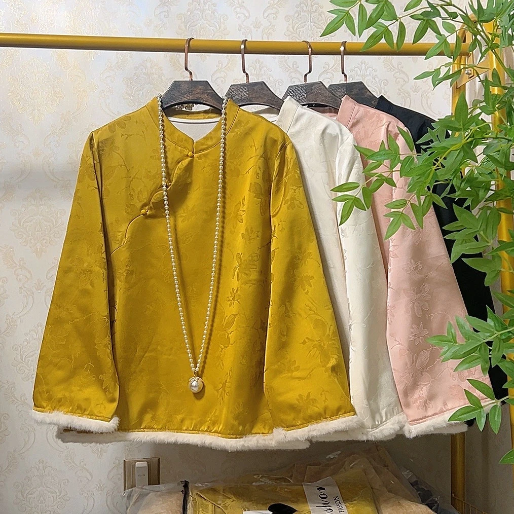 大聪（加绒）新中式提花缎面国风小立领打底衫200斤唐装上衣5077