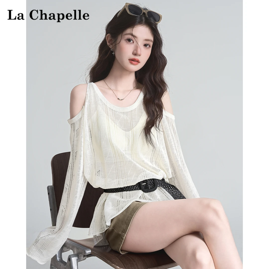 拉夏贝尔慵懒风露肩长袖T恤2025夏季女新款辣妹宽松设计感上衣