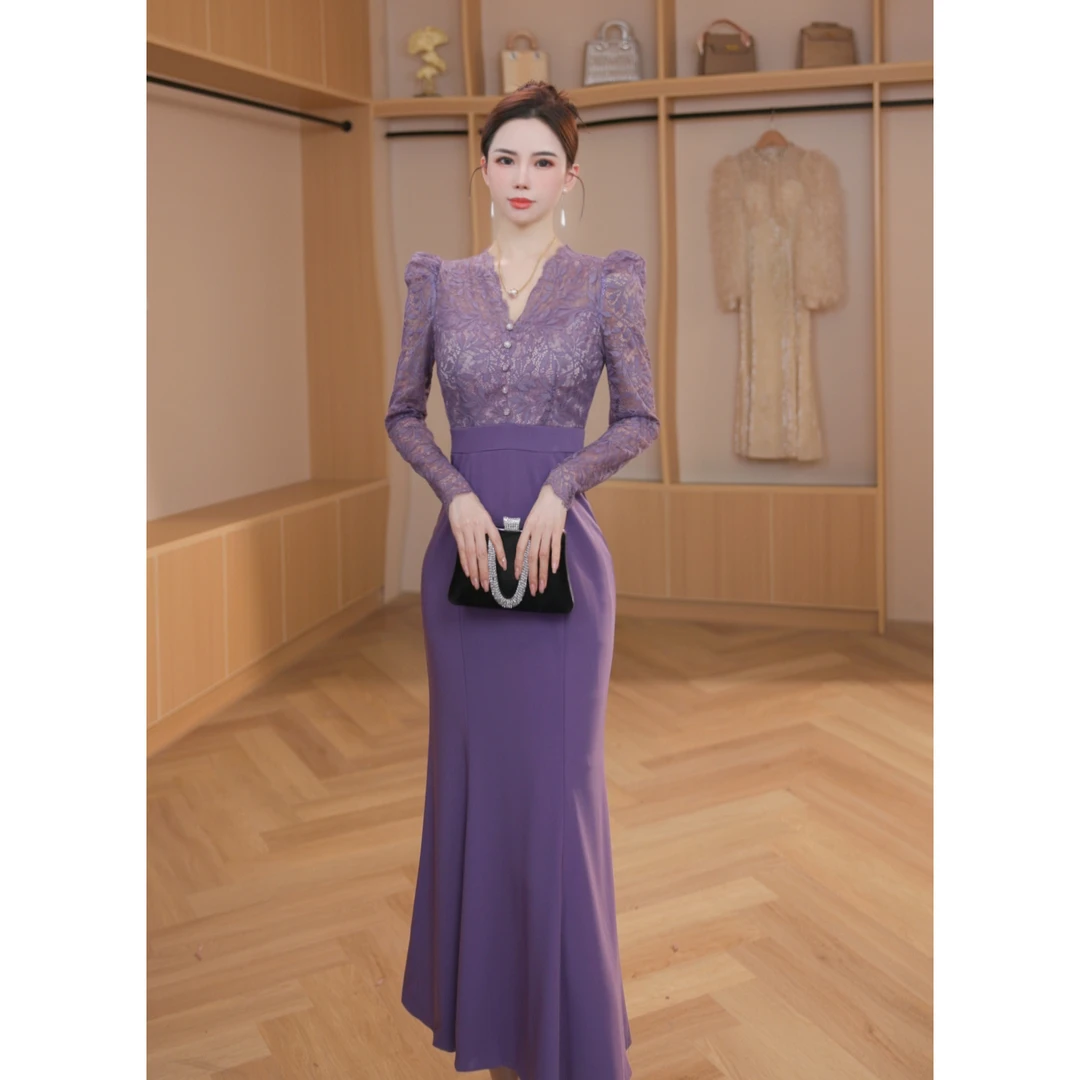 秋季新款高级感中长款修身鱼尾裙名媛V领时尚高贵轻奢20845