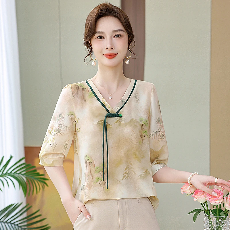 中年妈妈夏装洋气雪纺衫2025新款短袖上衣中老年女装夏季时尚套装