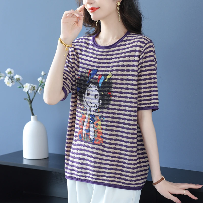 大码女装夏装2025新款洋气减龄条纹针织上衣显瘦百搭宽松短袖T恤