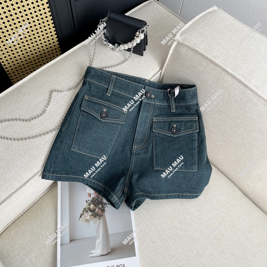 复古百搭夏季新款蓝色高腰A字直筒时尚显瘦牛仔短裤DY7611
