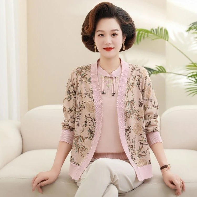 洋气妈妈针织两件套长袖春季时尚中老年女装薄款外套百搭毛衣开衫