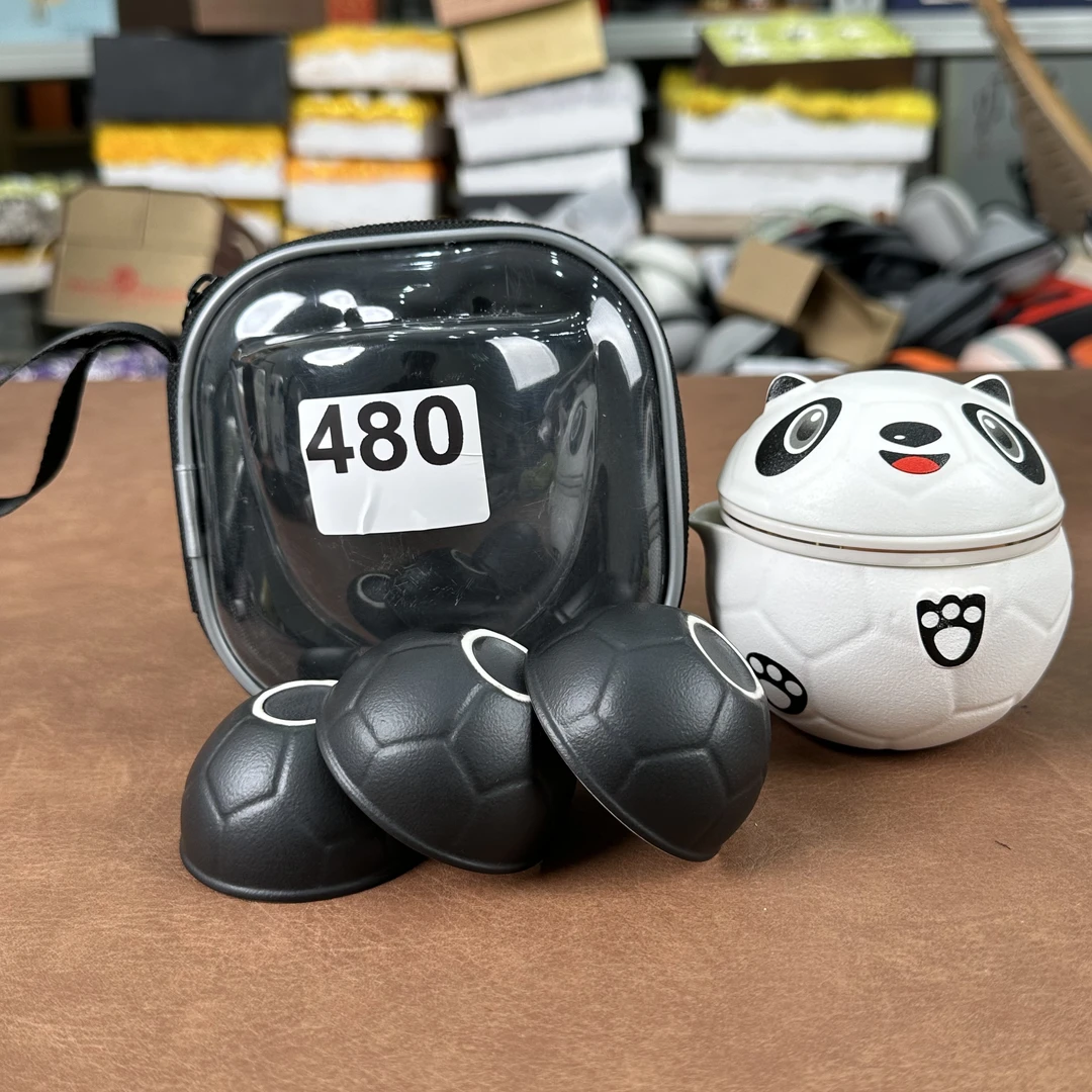 480-熊猫足球一壶三杯旅行茶具快客户外便携式茶具可爱茶具车载
