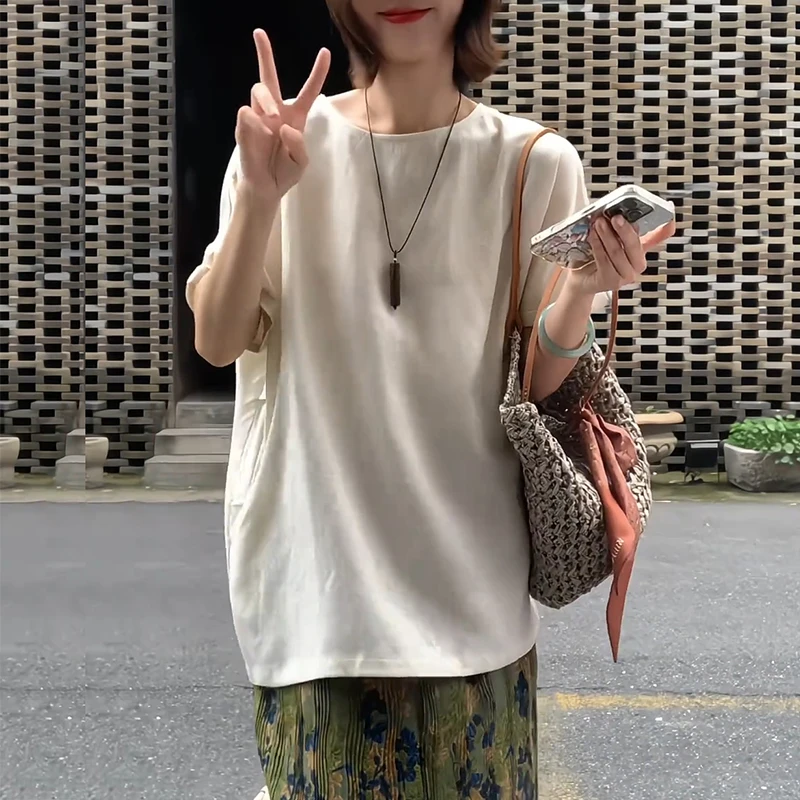 2025年夏季新款韩版时尚设计感T恤女小众洋气高级感复古纯色上衣