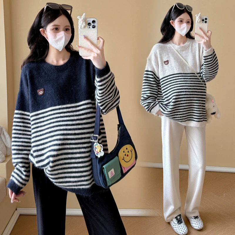 大码孕妇装条纹毛衣秋冬新款慵懒风休闲宽松显瘦针织衫上衣200斤