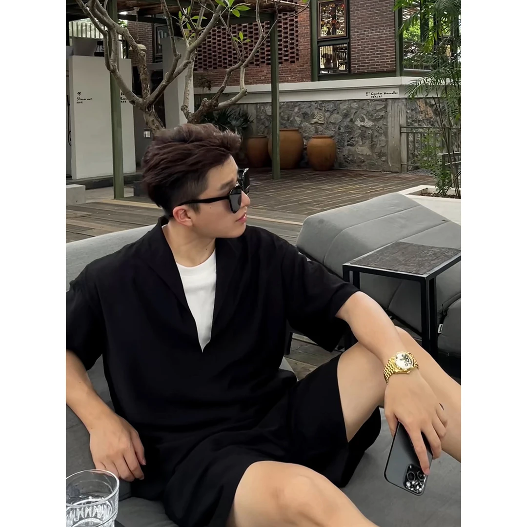 黑色老钱风亚麻两件套男士夏季高级感穿搭假两件短袖衬衫短裤套装