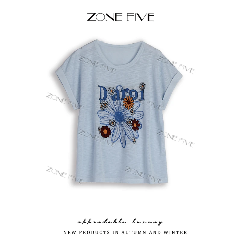 zonefive薄款竹节麻针织短袖T恤女2025新款宽松显瘦圆领正肩上衣