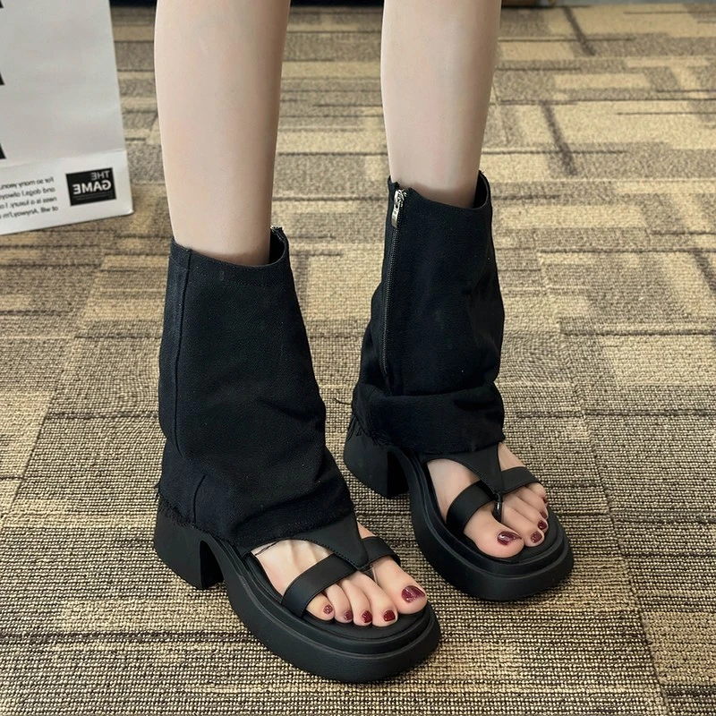 厚底人字靴高跟裤管靴高级感夹趾凉靴女2025新款短靴夏季增高凉鞋