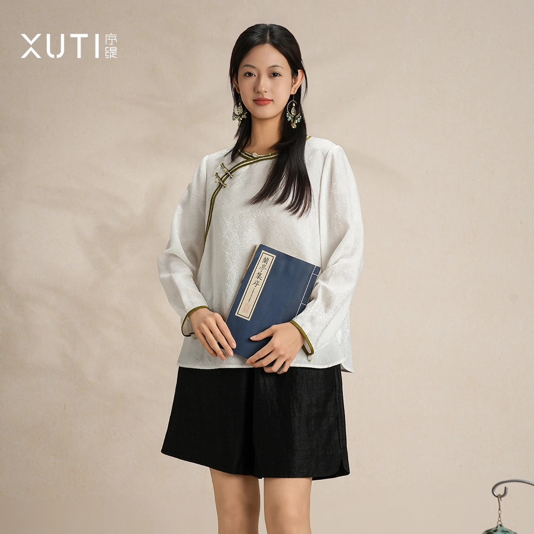 序缇『明月清风』国风新中式100%桑蚕丝一字盘扣上衣女秋H49-20568