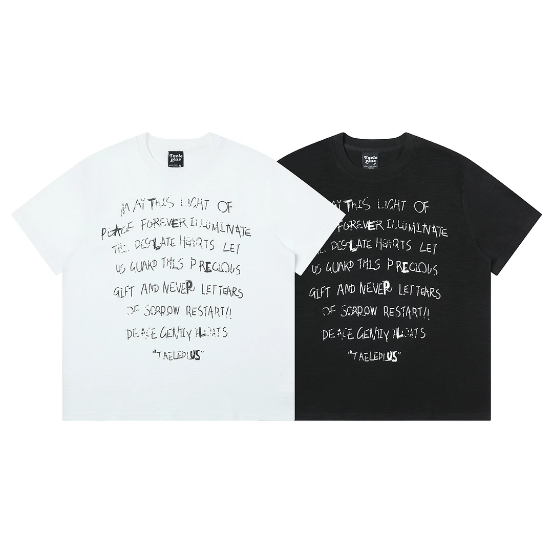 TAELE PLUS 美式竹节纹理标语微透随性印花宽松显瘦短袖上衣TP148