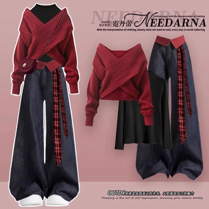 秋冬套装女2025新款圣诞氛围感韩系红色毛衣复古显瘦牛仔裤三件套