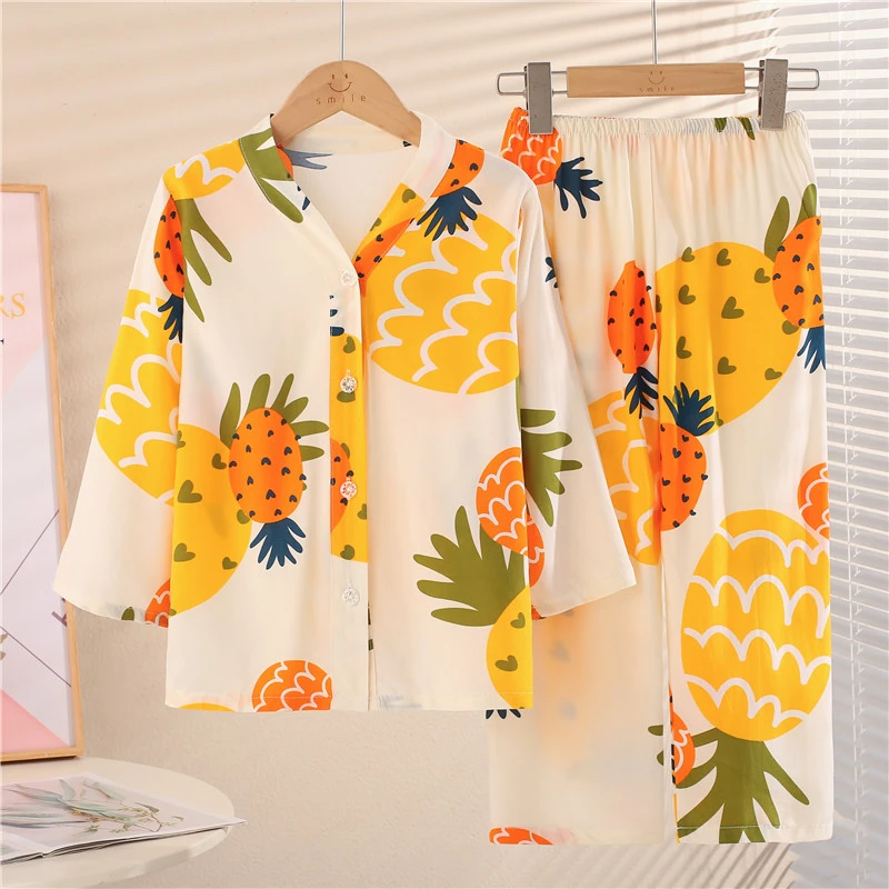 夏季儿童睡衣棉绸V领男女童中大童长袖空调服家居服套装轻薄透气