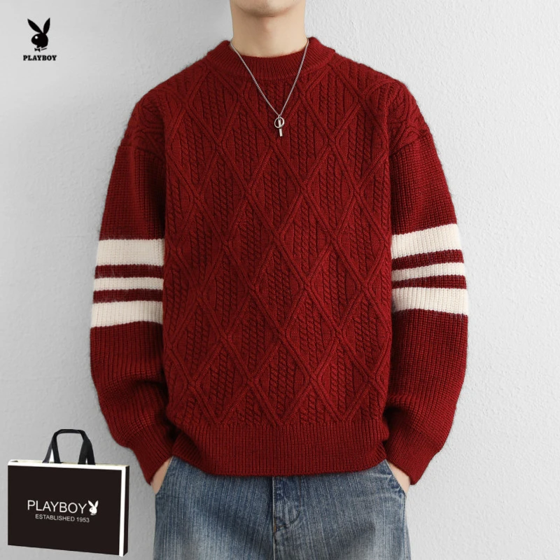 花花公子男士秋冬季款菱形提花打底毛衣针织红色拼色百搭韩版秋冬