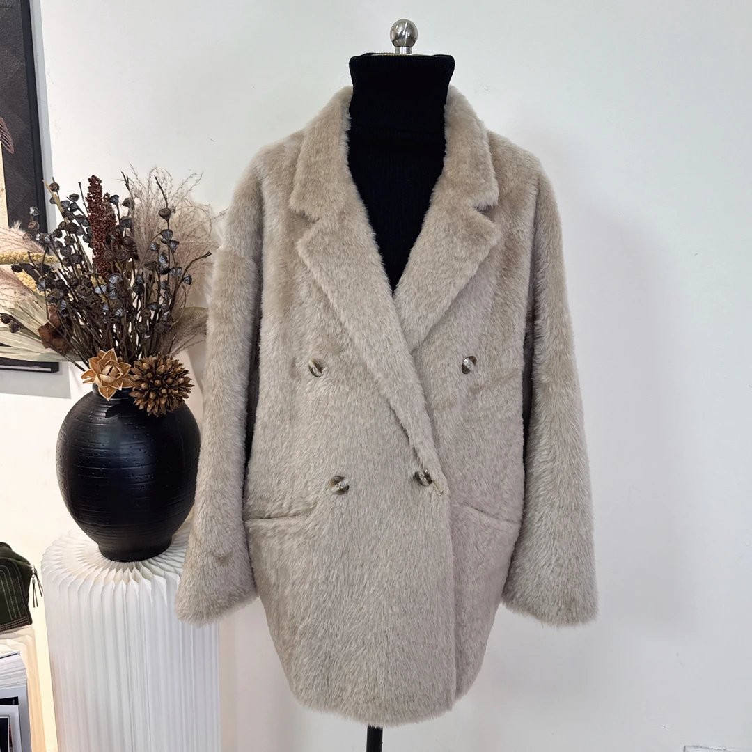 进口西班牙拉贡皮毛一体冬季羊毛两面穿加厚长款翻领百搭时尚大衣