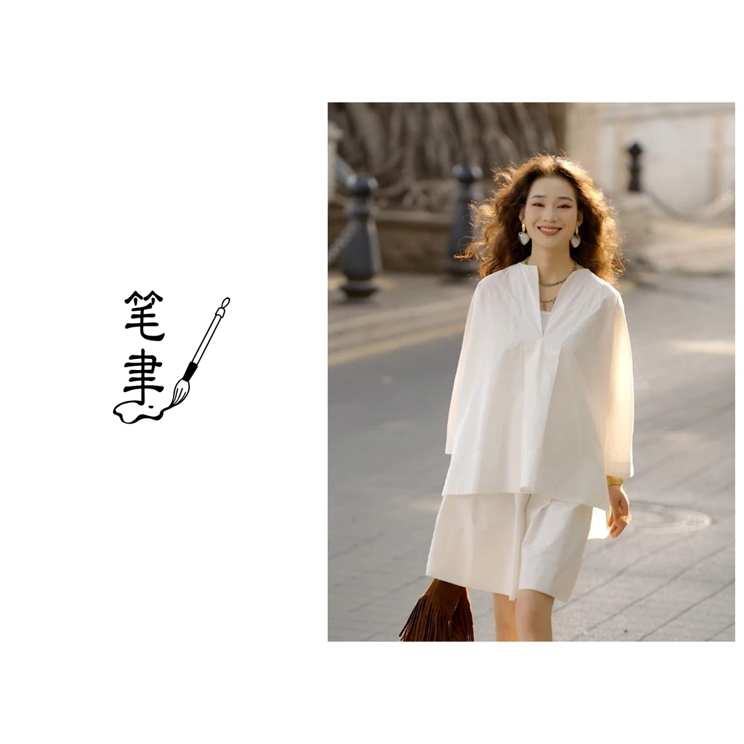 [笔聿Rhetoric]解构极简纯色棉质防晒罩衫休闲白衬衣251913-7