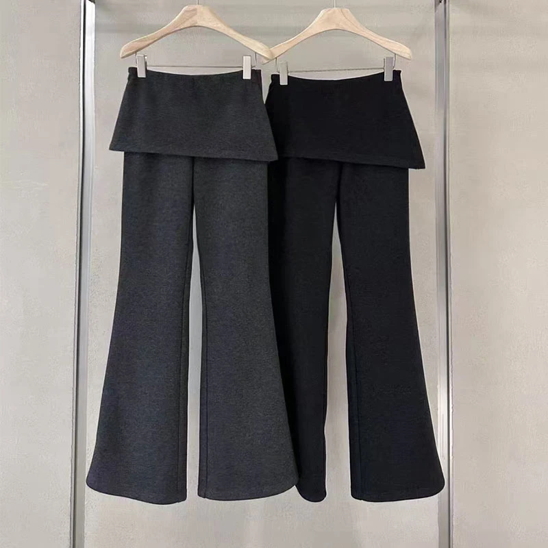 设计感时尚拼屁帘假两件欧洲站2025冬季新款百搭加厚休闲喇叭裤女