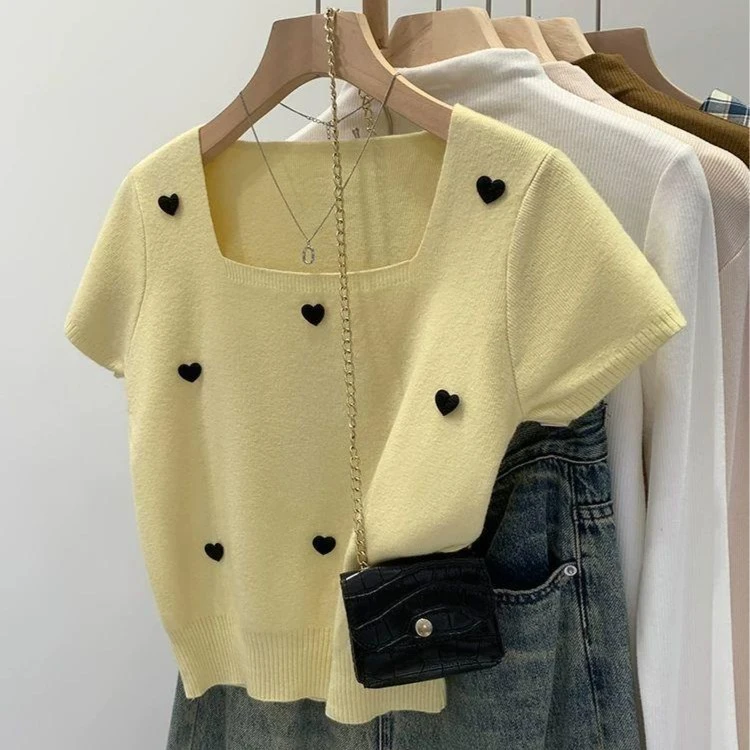 c6030设计感超好看爱心方领短袖针织衫女夏季新款黄色短款T恤上衣