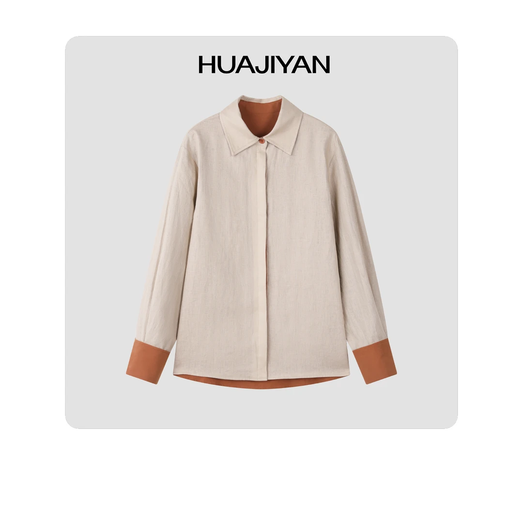华吉言HUAJIYAN【和光同橙】亚麻双层撞色长袖衬衣外套