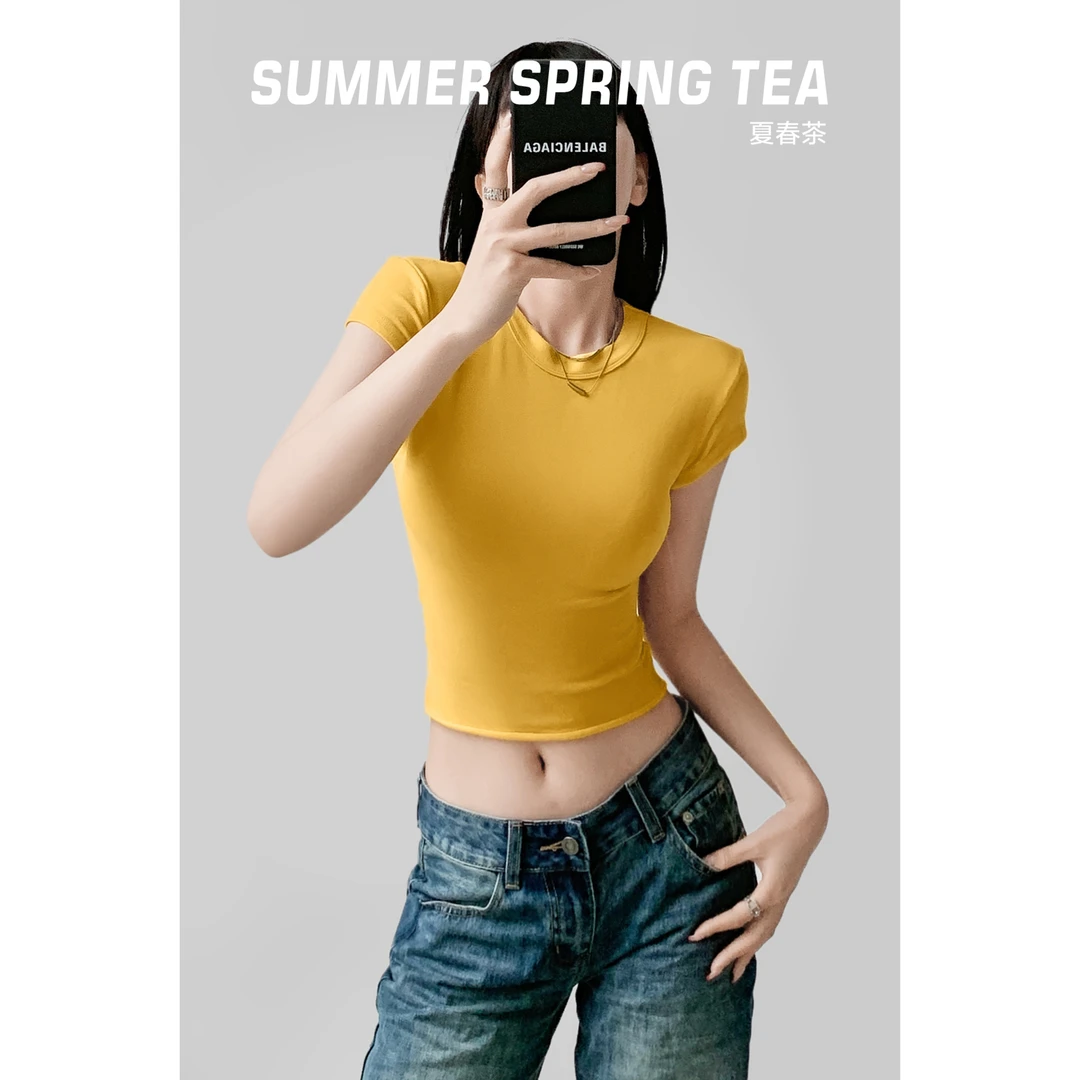 【夏春茶】个性设计 卷边辣妹t女高弹高棉夏季圆领设计感小众上衣