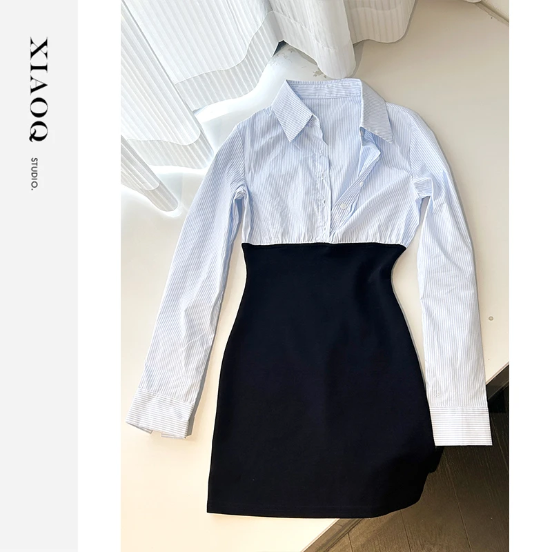 【小Q家】12542气质条纹拼接轻职风收腰连衣裙