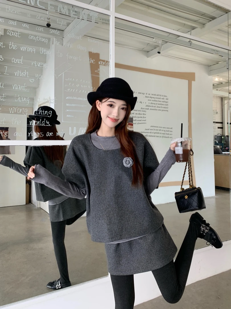 2025秋季新款韩系设计感高级长袖T恤立体花马甲半身裙时尚套装女