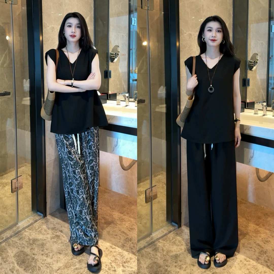 时尚洋气气质显瘦简约高级感宽肩上衣＋碎花裤纯色裤套装