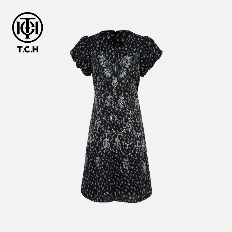 TCH私服烫钻工艺时尚休闲气质蝴蝶连衣裙女T75B30E5257轻奢tch
