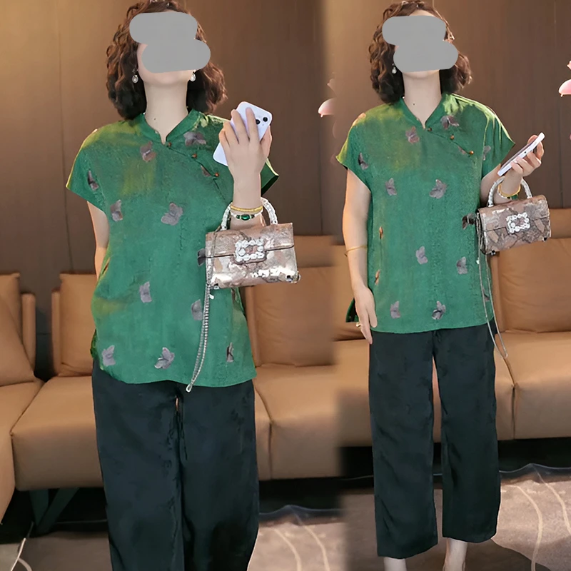 韩系休闲2025新款蝴蝶龟裂纹印花短袖上衣树叶提花直筒裤两件套女