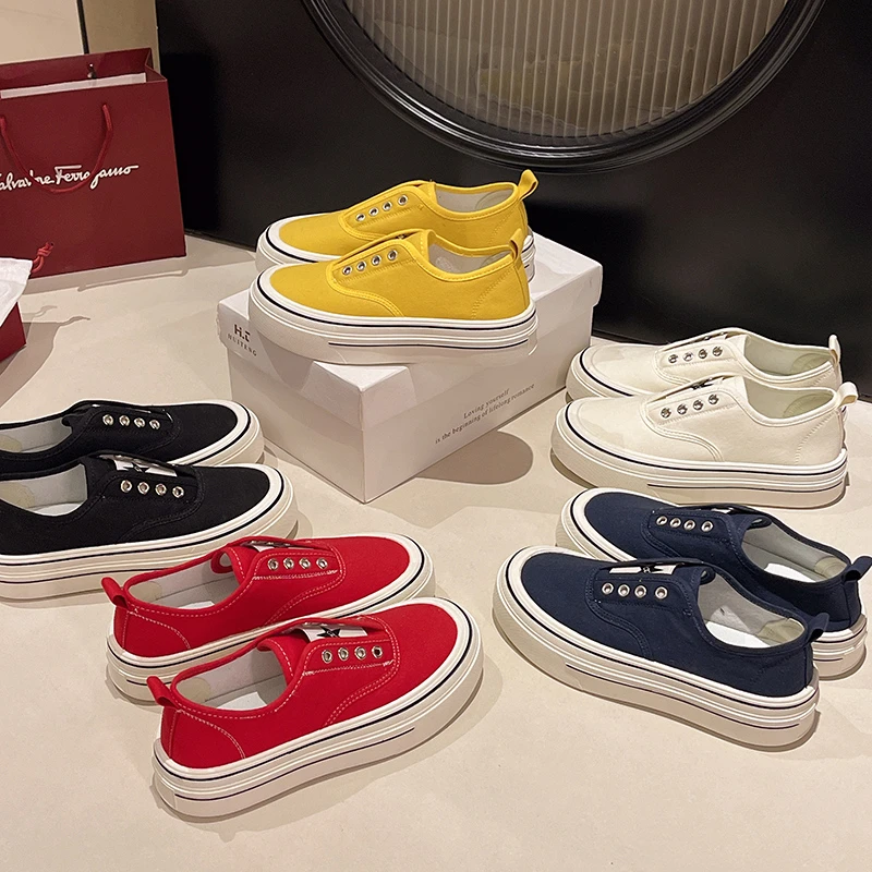 时尚百搭厚底帆布鞋2025新款春季休闲鞋舒适一脚蹬懒人软底板鞋