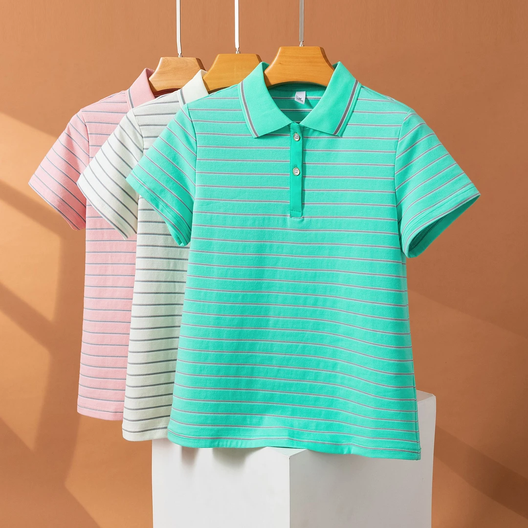 527条纹洋气夏季妈妈上衣刺绣大码棉T翻领polo衫短袖T恤女