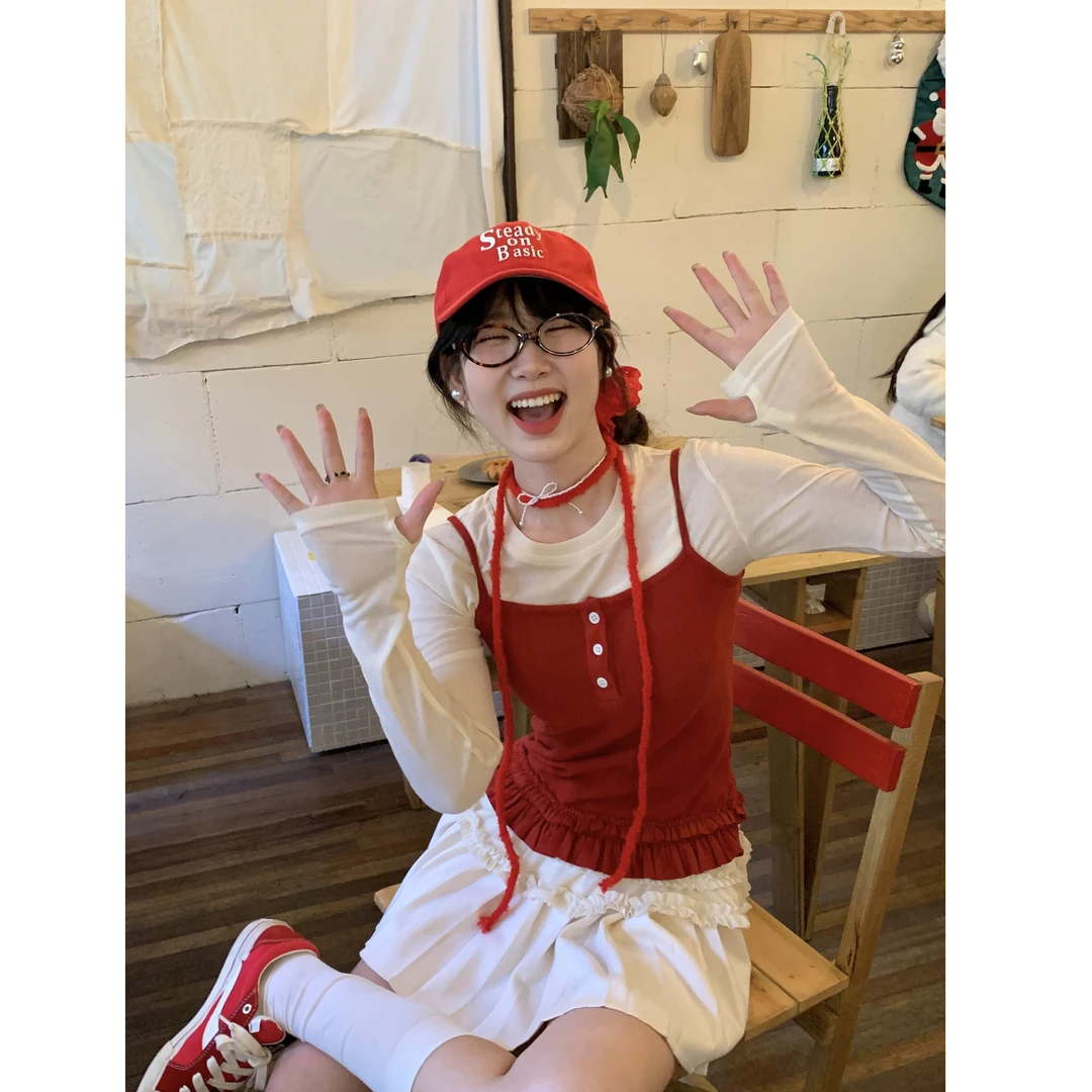 韩系辣妹木耳边T恤女2025春季内搭花边背心吊带叠穿打底两件套潮