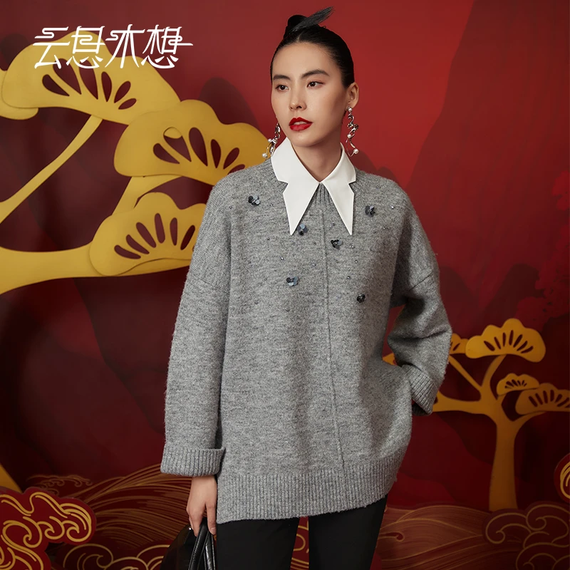 Ysimo-X云思木想烟梦花开手工钉珠开羊毛混纺优雅毛针织衫12669