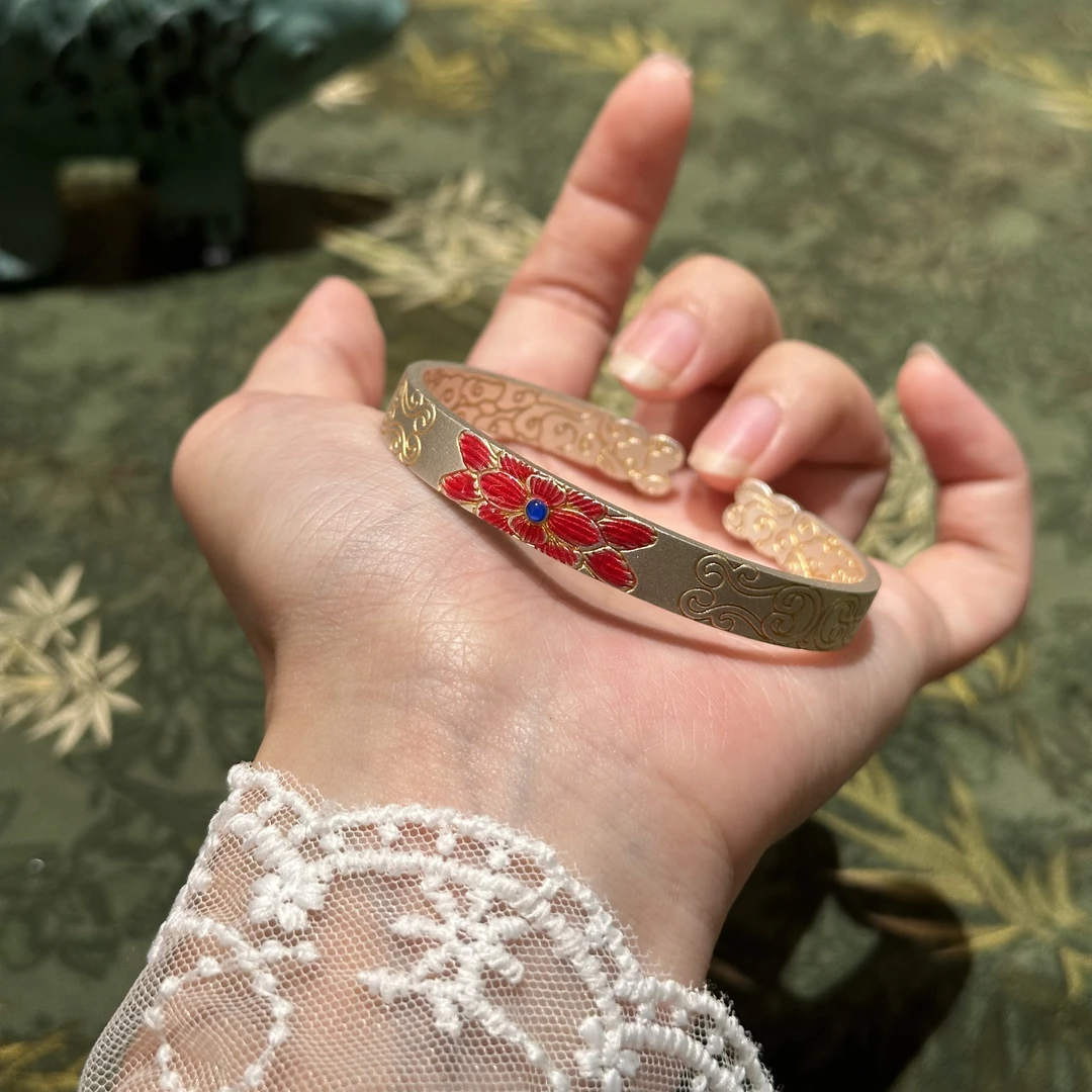 足银珐琅手镯 来鱼『海棠花』描金珐琅彩足银9999手镯