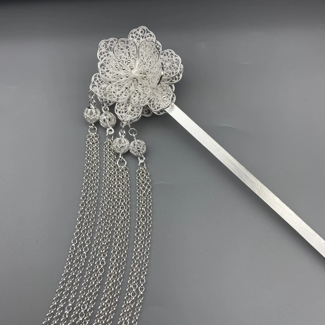 足银银制品 【双座莲花簪】足银纯手工中式古典超仙国风素款发簪