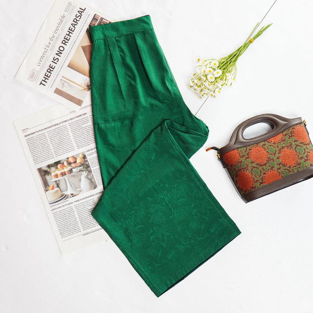 黄小西2025新款翡翠绿色花萝双面穿休闲裤147