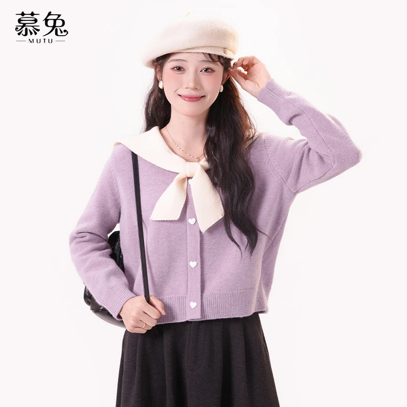 慕兔甜美蝴蝶结V领毛衣女2024冬季新款小个子短款宽松针织衫上衣
