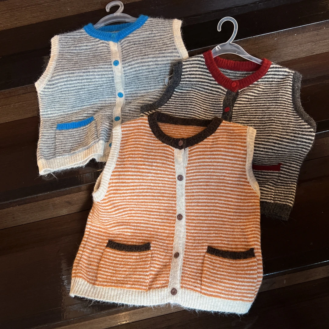 毛衣毛针织衫女上衣短袖夏季女装无袖撞色圆领条纹