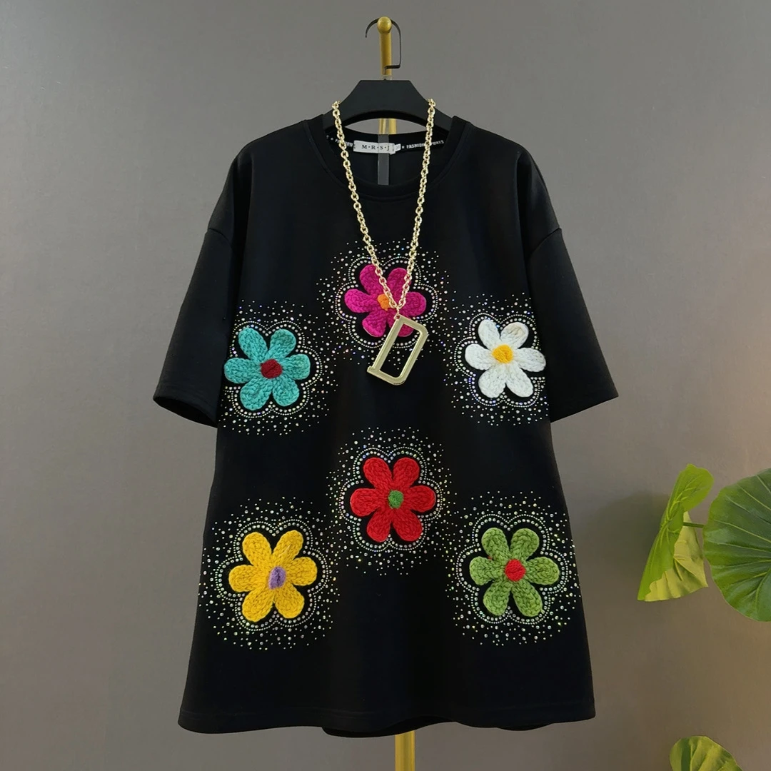 胖妹妹新款时尚圆领毛线彩色立体花烫钻宽松中长款大码女装半袖