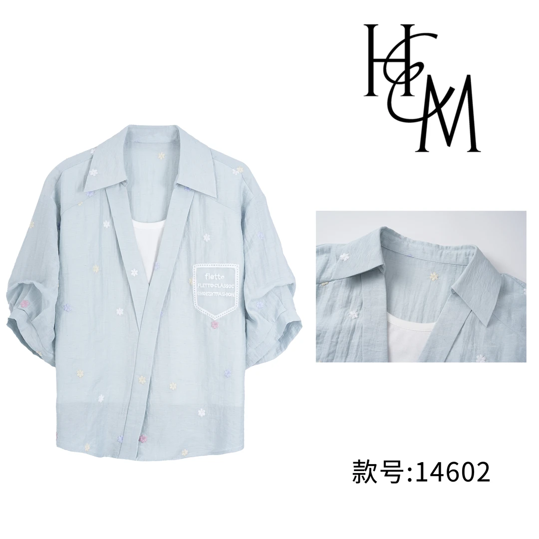 HUIERMAN/慧尔曼时尚设计师款刺绣假两件灯笼袖衬衫【14602】