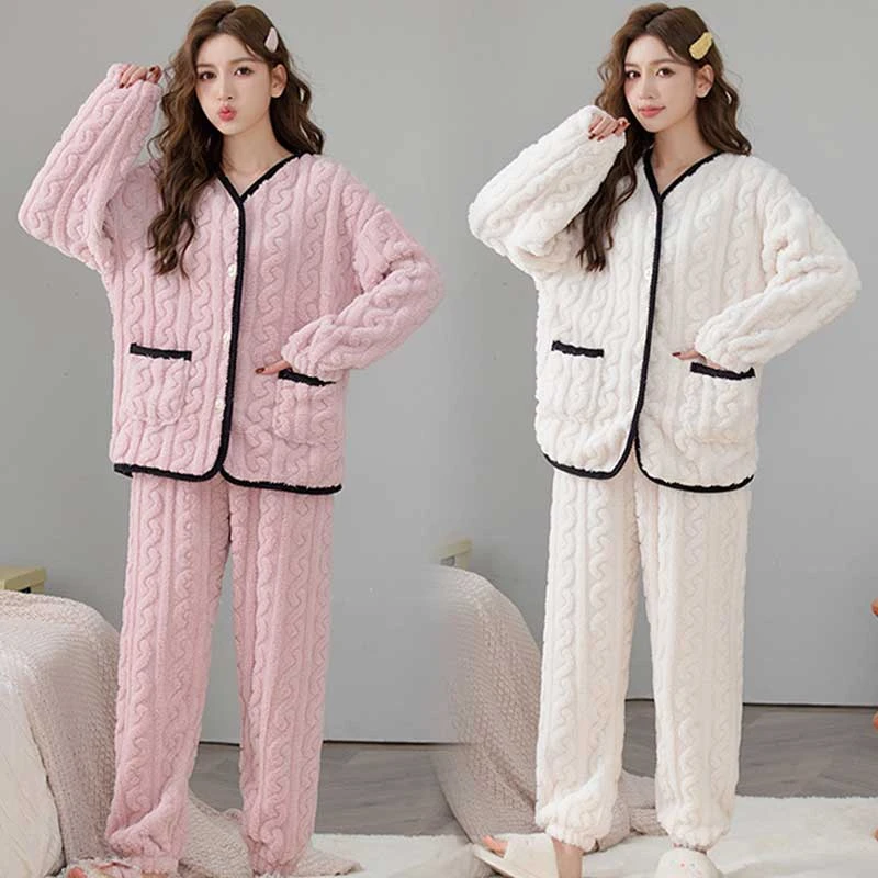 正品母婴A类 加厚小香风睡衣女套装保暖加绒宽松家居服两件套秋冬