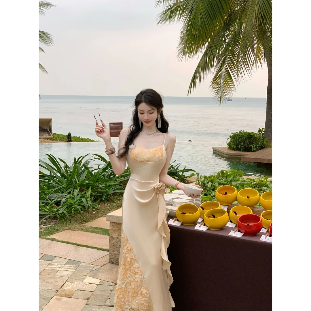 【雅乔定制】玫瑰甜茶 珠光缎立体黄玫瑰拼接连衣裙DYCC-24128002